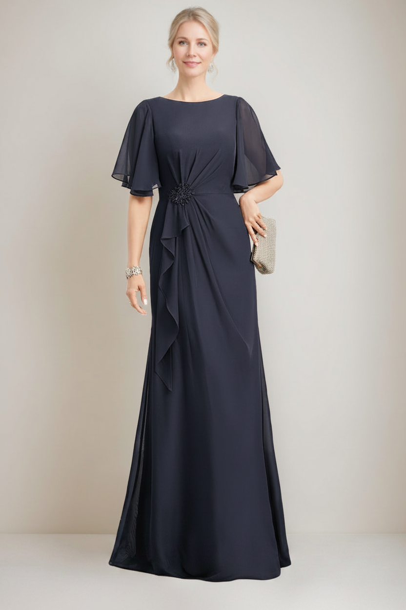 A-line/Princess Jewel Neck Ruched Floor-Length Mother Of The Bride Dresses with Ruffles & Crystals & Beads