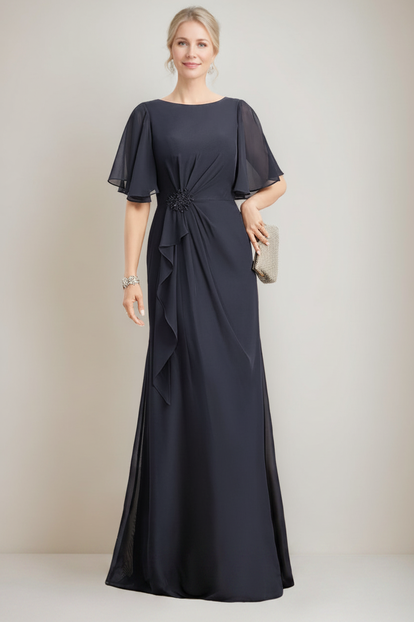 A-line/Princess Jewel Neck Ruched Floor-Length Mother Of The Bride Dresses with Ruffles & Crystals & Beads