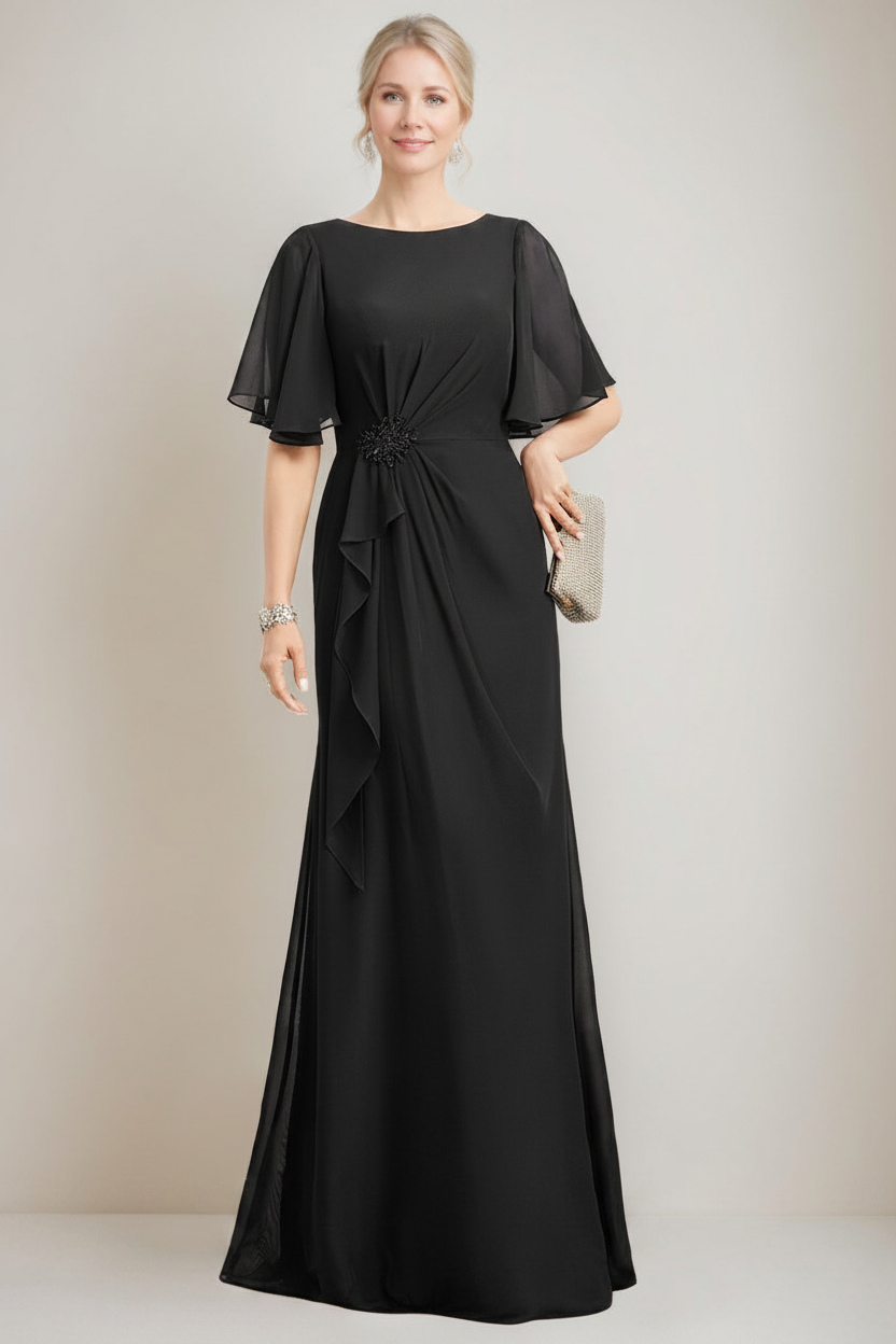 A-line/Princess Jewel Neck Ruched Floor-Length Mother Of The Bride Dresses with Ruffles & Crystals & Beads