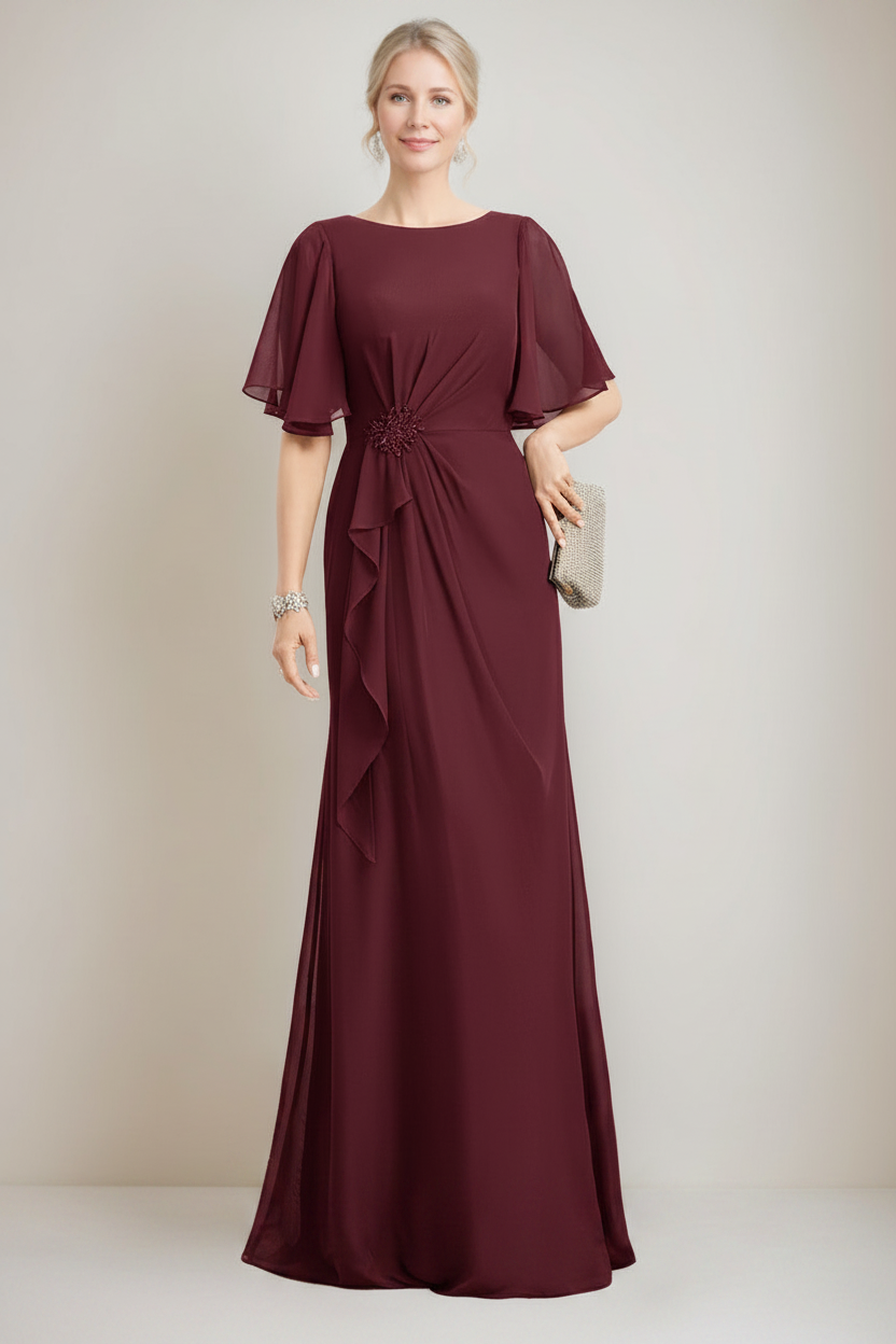 A-line/Princess Jewel Neck Ruched Floor-Length Mother Of The Bride Dresses with Ruffles & Crystals & Beads