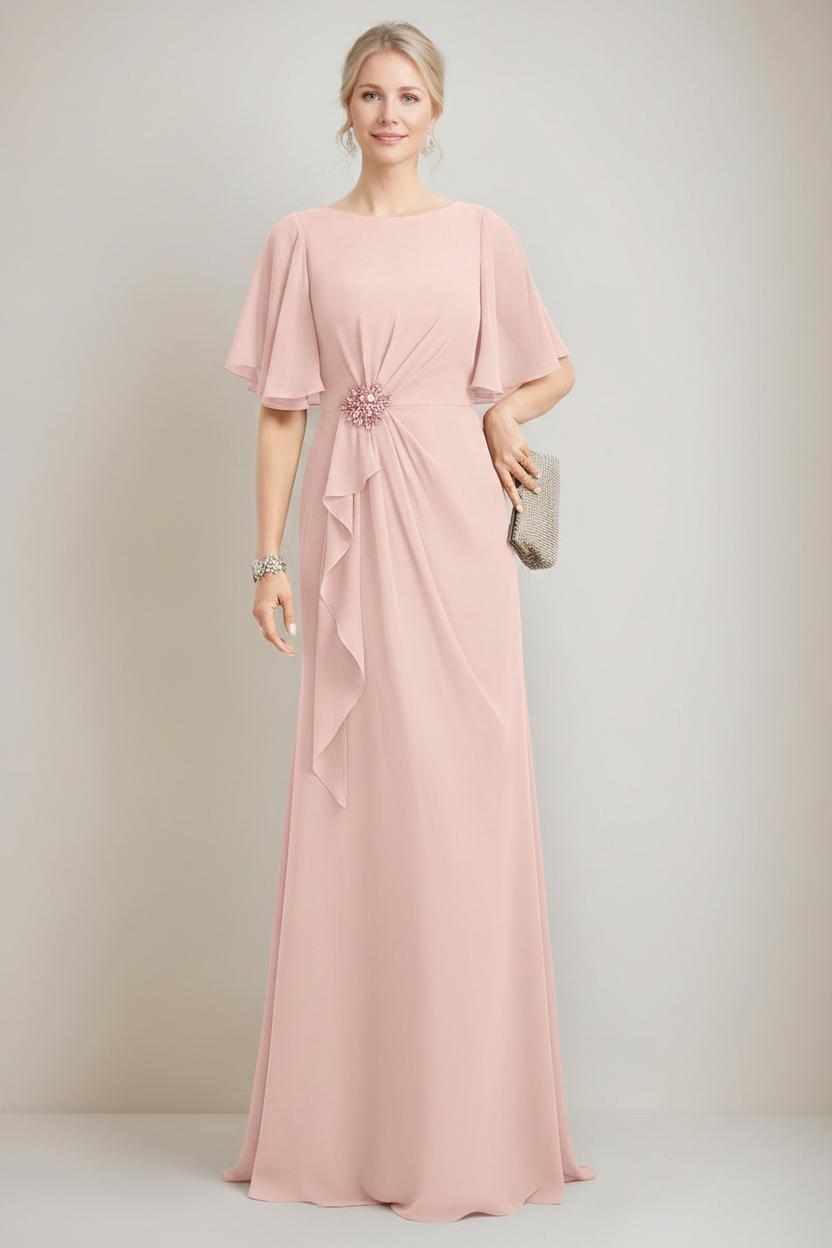 A-line/Princess Jewel Neck Ruched Floor-Length Mother Of The Bride Dresses with Ruffles & Crystals & Beads