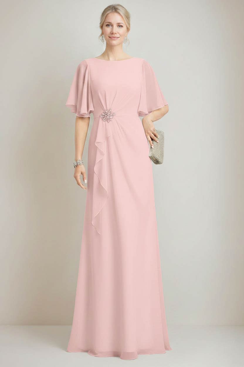 A-line/Princess Jewel Neck Ruched Floor-Length Mother Of The Bride Dresses with Ruffles & Crystals & Beads