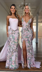 Adorable Pink Sleeveless Front-Split Printed Mermaid Prom Dress with Bowknot