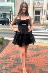 Strapless Chiffon Homecoming Dress 3D Rose Cutout Waist Tiered Ruffle A-line Mini