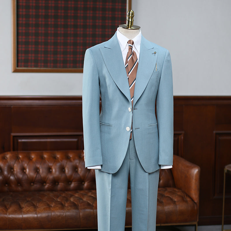 Affordable Blue Two Pieces Peak Lapel Slim Fit Tailored Suit