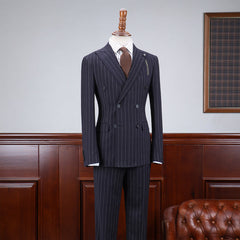 Affordable Navy Blue Striped Slim Fit Custom Business Suit