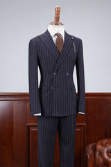 Affordable Navy Blue Striped Slim Fit Custom Business Suit