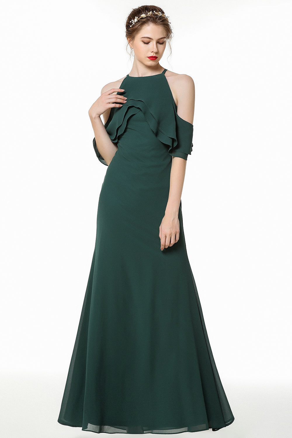 Affordable Cold-shoulder Ruffle Dark Green Bridesmaid dresses