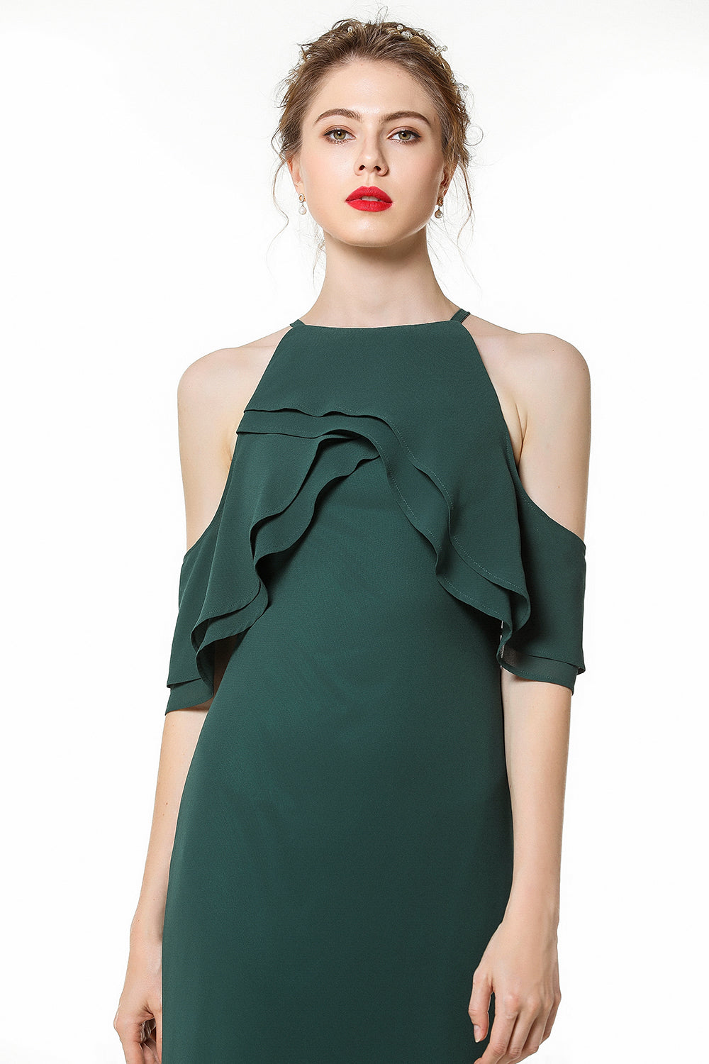 Affordable Cold-shoulder Ruffle Dark Green Bridesmaid dresses