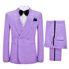 Alluring Lilac Jacquard Shawl Collar Double Breasted Groom's Attire