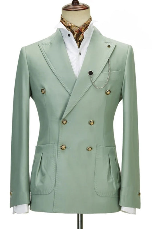 Alluring Sage Peak Lapel Double Breasted Prom Suit