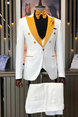 Alluring White Three-Piece Prom Suit with White Gold Peak Lapel