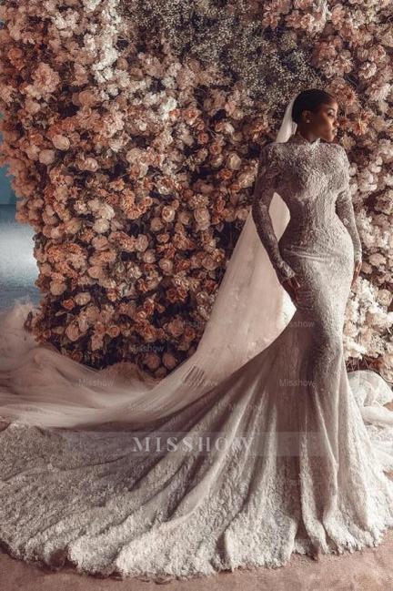 Lace Mermaid Wedding Wedding Dresses With High Neck And Long