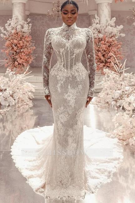 Lace Dress White High Neck Long Sleeve Dress Amazing Column Lace High Neck Long Sleeve White Lace Dress White High Neck Long Sleeve Dress Amazing Column Lace High Neck Long Sleeve White