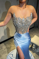 Amazing Column Satin Lace Sleeveless Prom Evening Dresses With Split