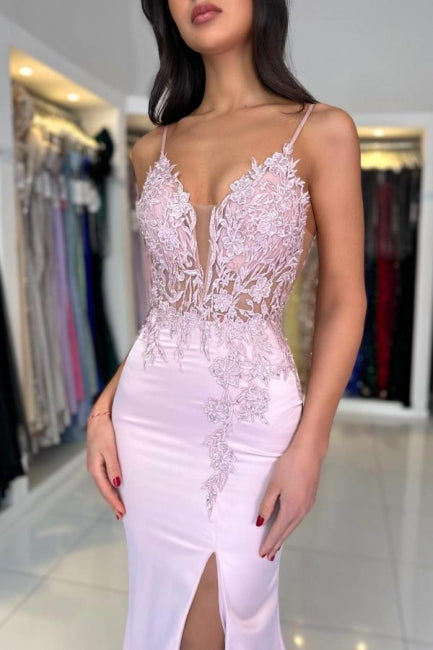 Amazing Column Satin Lace V-Neck Sleeveless Prom Evening Dresses With Split Front