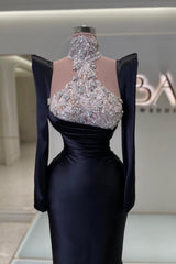 Amazing Column Satin Long Sleeve Black Prom Evening Dresses With Rhinestone Train