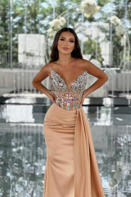 Amazing Column Satin V-Neck Sleeveless Prom Evening Dresses With Beading