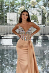 Amazing Column Satin V-Neck Sleeveless Prom Evening Dresses With Beading