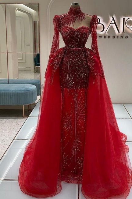 Amazing Column Tulle Lace Sweetheart Long Sleeve Red Prom Evening Dresses With Train