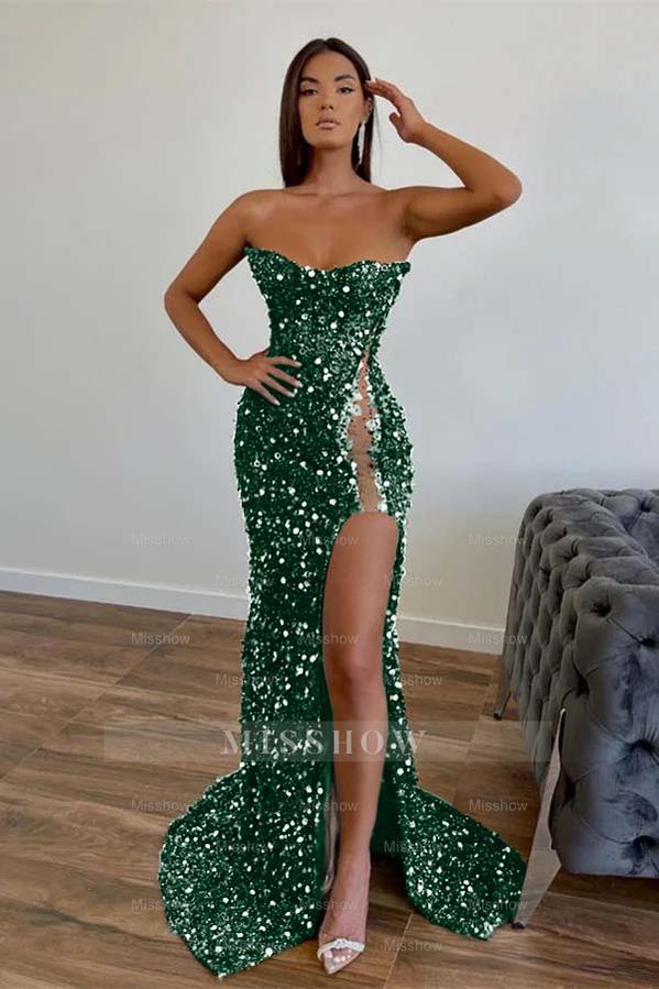 Amazing Dark Green Strapless Sleeveless Mermaid Formal Dress With Sequins