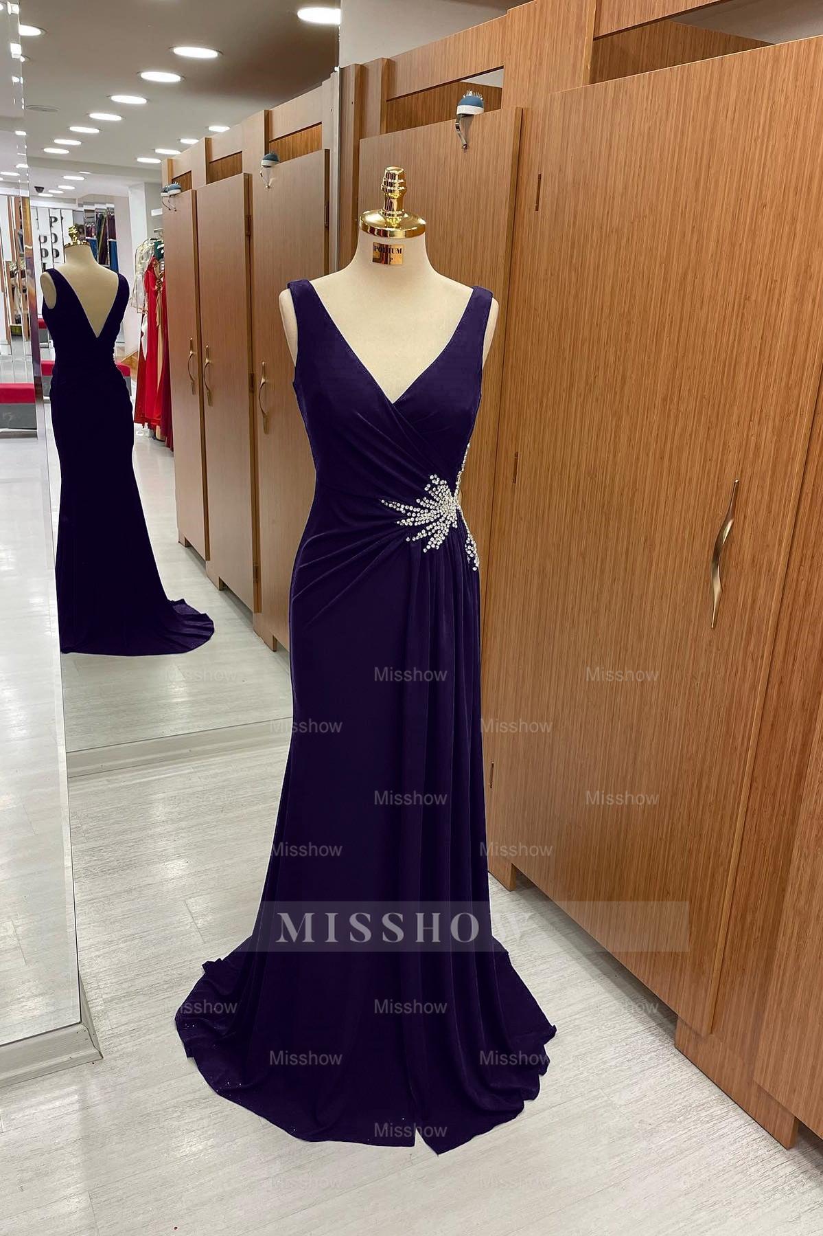 Amazing Dark Navy Straps V Neck Pleated Formal Dress With Rhinestone