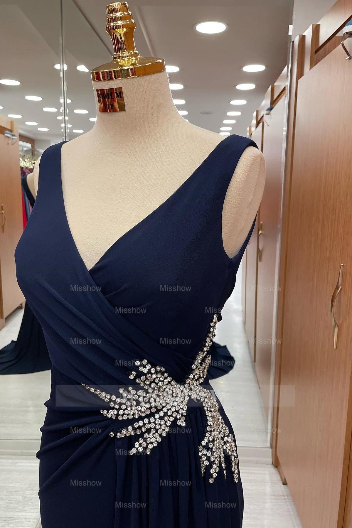 Amazing Dark Navy Straps V Neck Pleated Formal Dress With Rhinestone