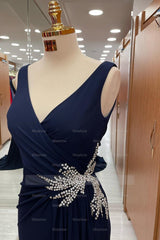 Amazing Dark Navy Straps V Neck Pleated Formal Dress With Rhinestone