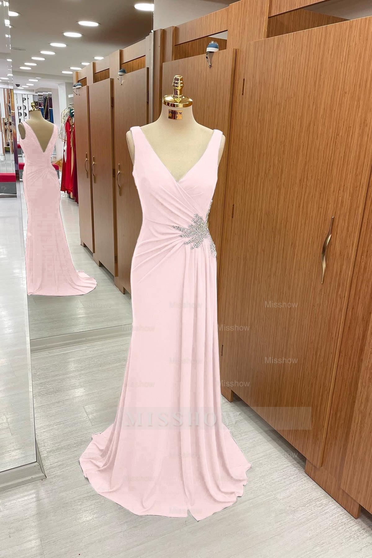 Amazing Dark Navy Straps V Neck Pleated Formal Dress With Rhinestone