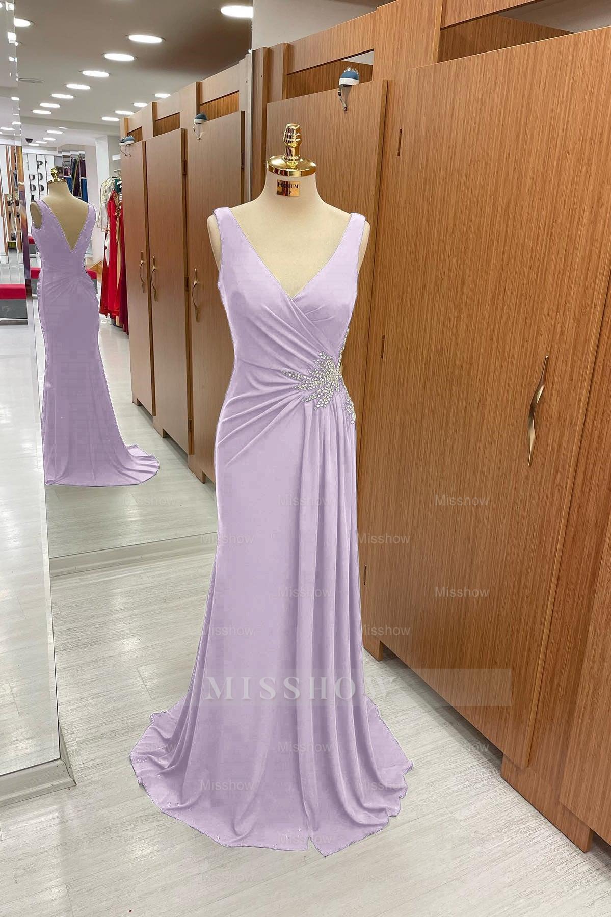 Amazing Dark Navy Straps V Neck Pleated Formal Dress With Rhinestone