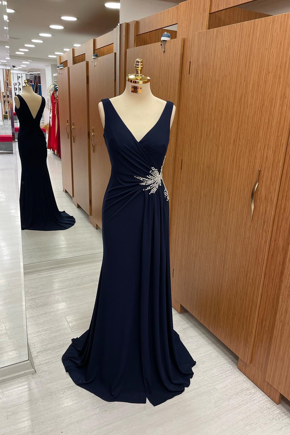 Amazing Dark Navy Straps V Neck Pleated Formal Dress With Rhinestone