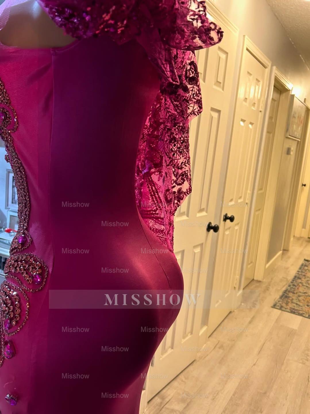 Fuchsia v-neck beaded mermaid prom dress