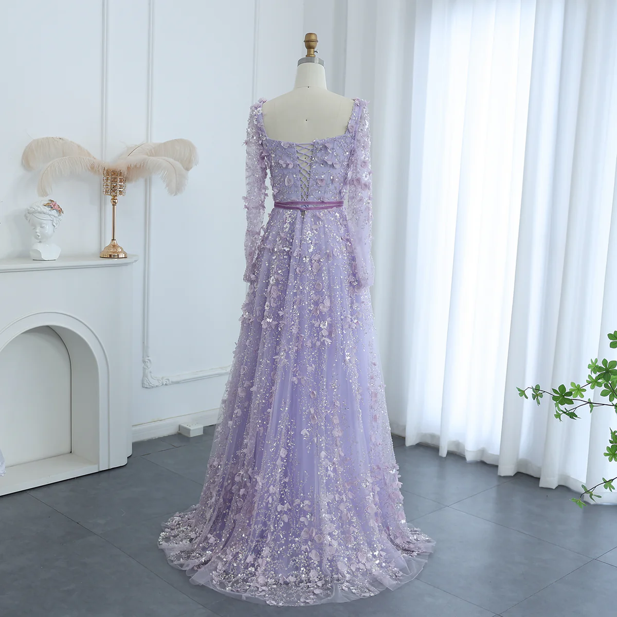 Amazing Long A-line Square Neck 3D Flowers Beaded Prom Dress With Long Sleeves