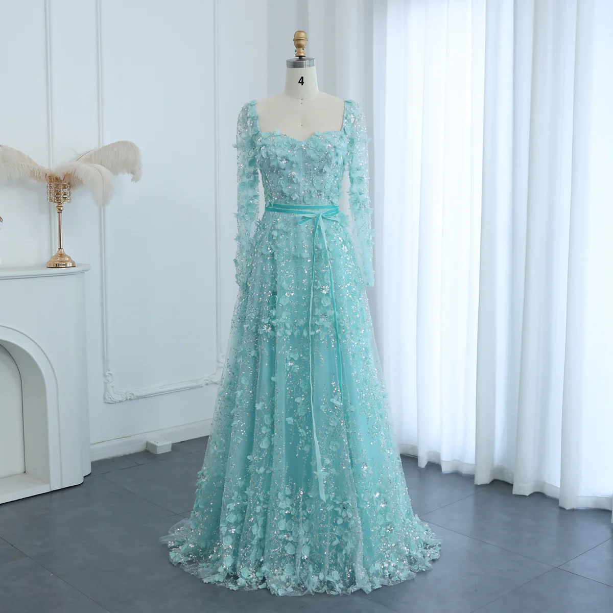 Amazing Long A-line Square Neck 3D Flowers Beaded Prom Dress With Long Sleeves