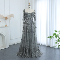 Amazing Long A-line Square Neck 3D Flowers Beaded Prom Dress With Long Sleeves