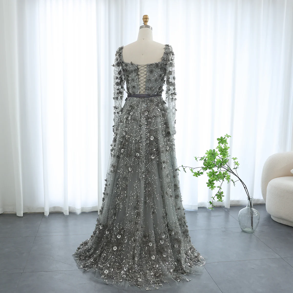 Amazing Long A-line Square Neck 3D Flowers Beaded Prom Dress With Long Sleeves