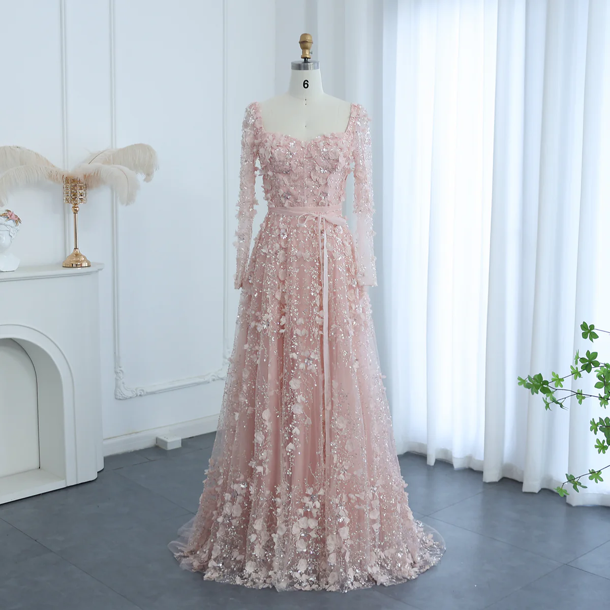 Amazing Long A-line Square Neck 3D Flowers Beaded Prom Dress With Long Sleeves