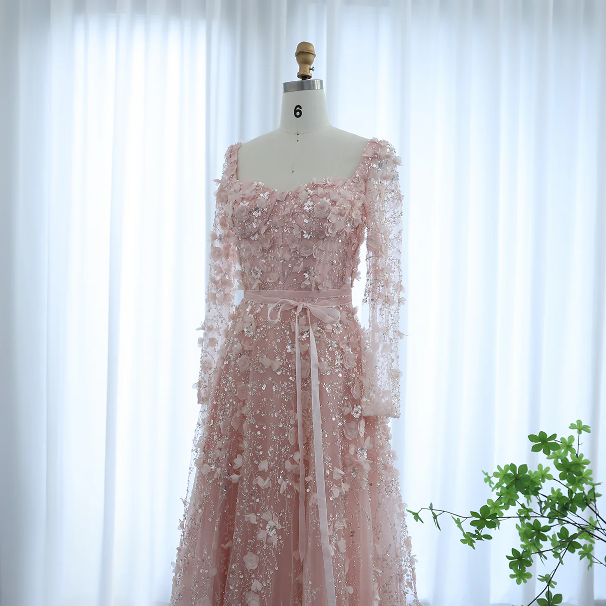 Amazing Long A-line Square Neck 3D Flowers Beaded Prom Dress With Long Sleeves