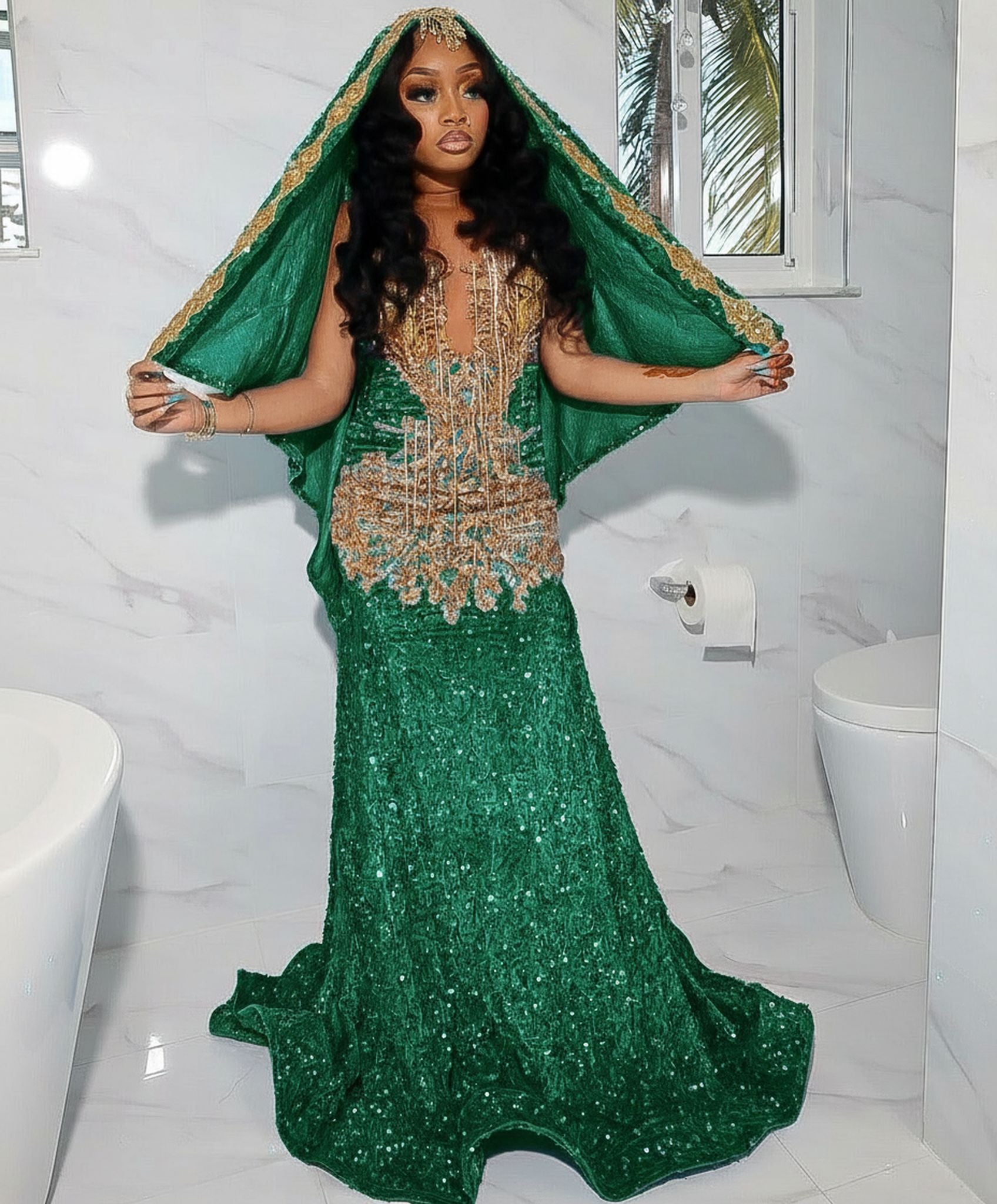 Amazing Long Blue Sequined Sleeveless Mermaid Lace Prom Dress with Veil