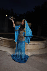 Amazing Long Blue Sequined Sleeveless Mermaid Lace Prom Dress with Veil