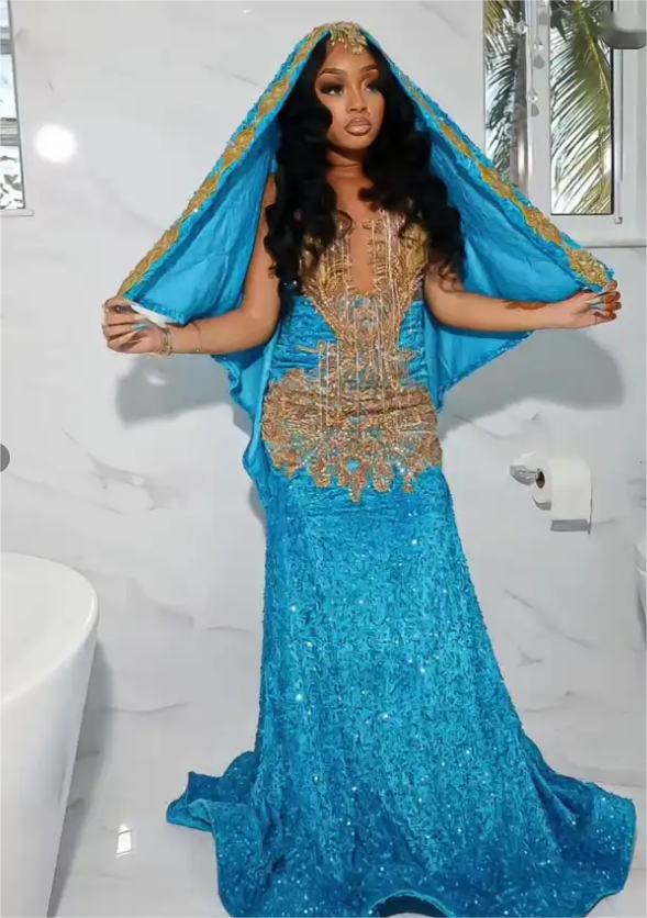 Amazing Long Blue Sequined Sleeveless Mermaid Lace Prom Dress with Veil