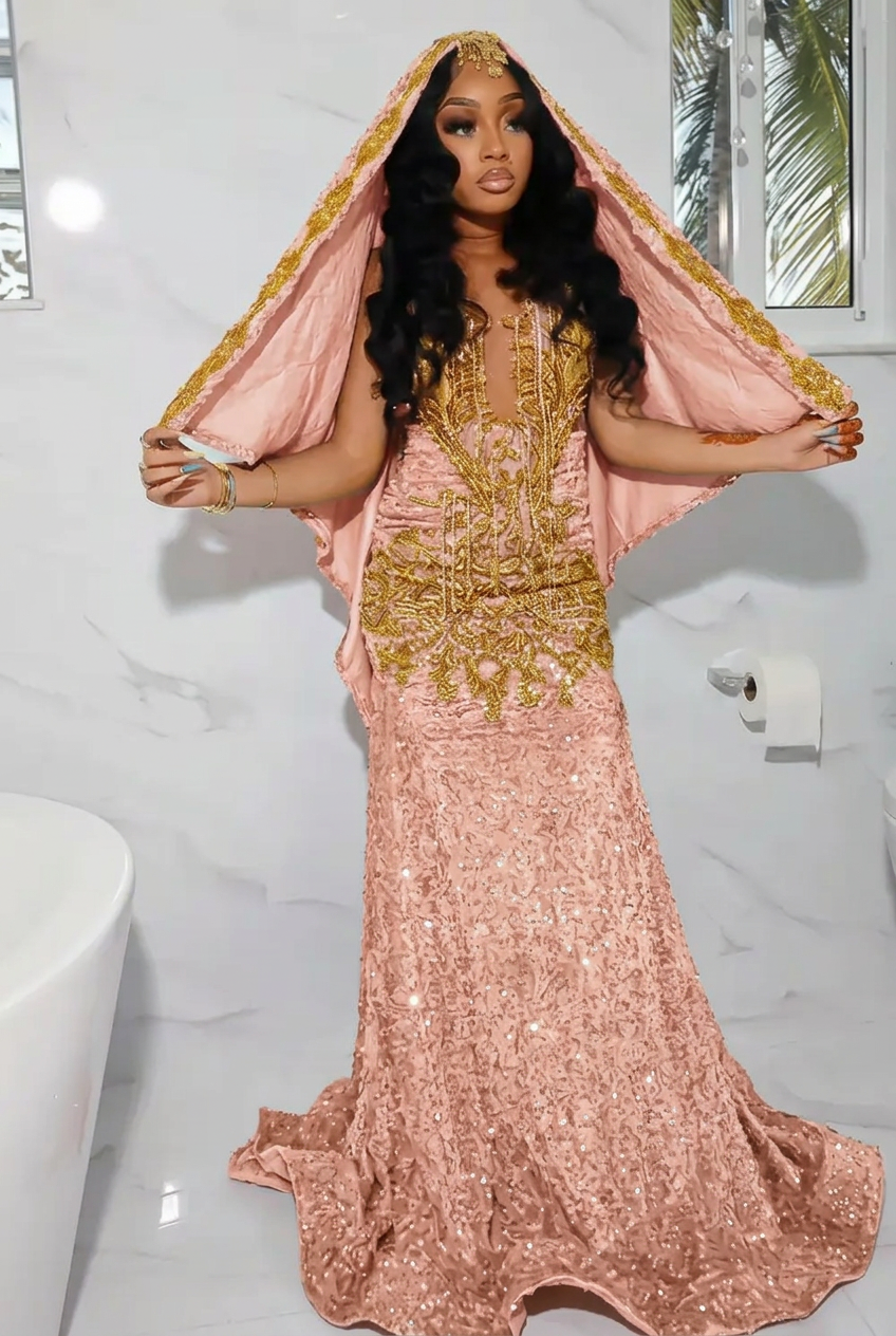 Pearl pink scoop beaded mermaid prom dress
