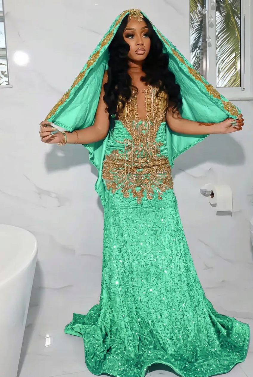 Mint green scoop beaded mermaid prom dress