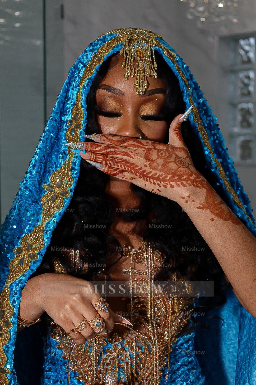 Amazing Long Blue Sequined Sleeveless Mermaid Lace Prom Dress with Veil