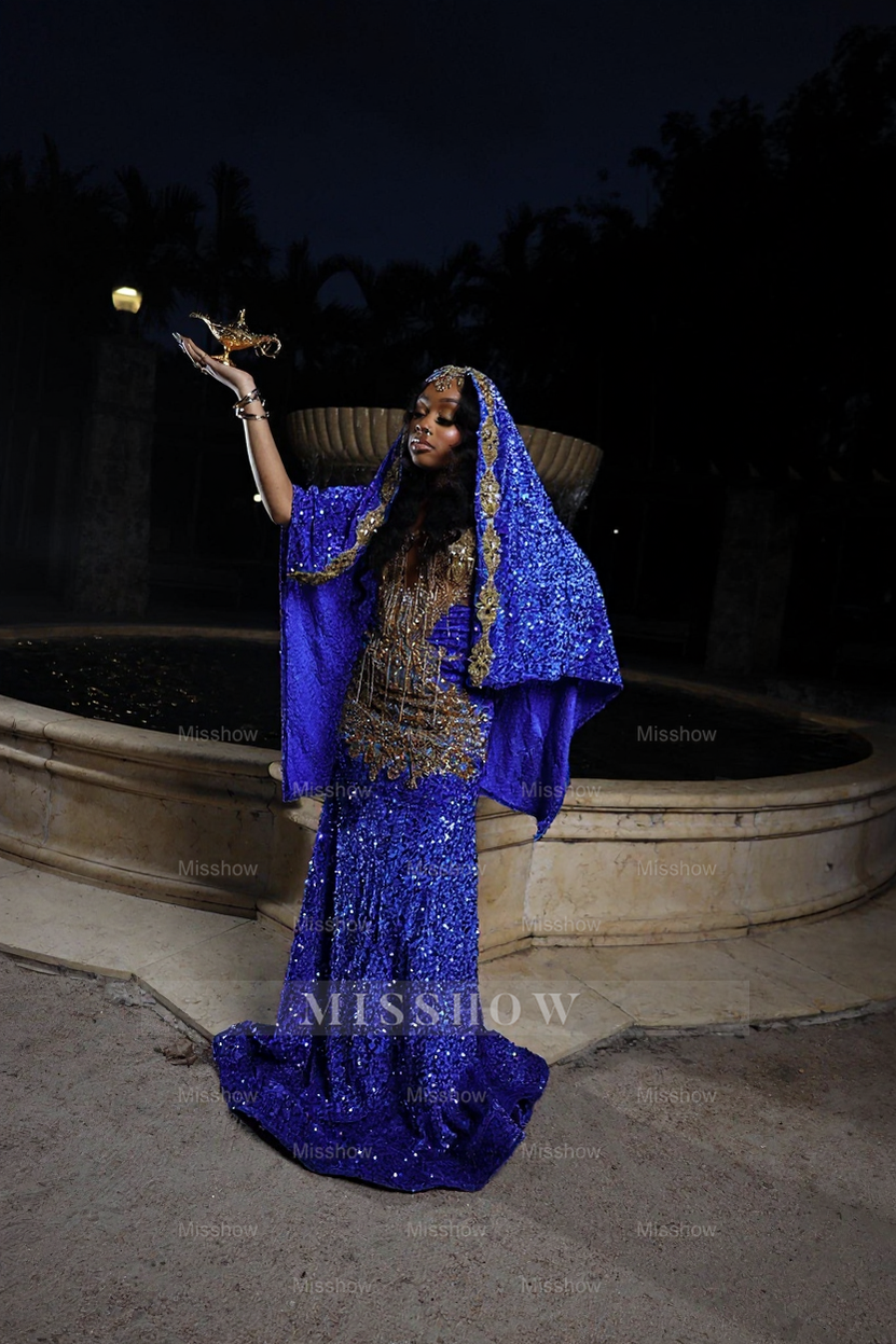 Amazing Long Blue Sequined Sleeveless Mermaid Lace Prom Dress with Veil