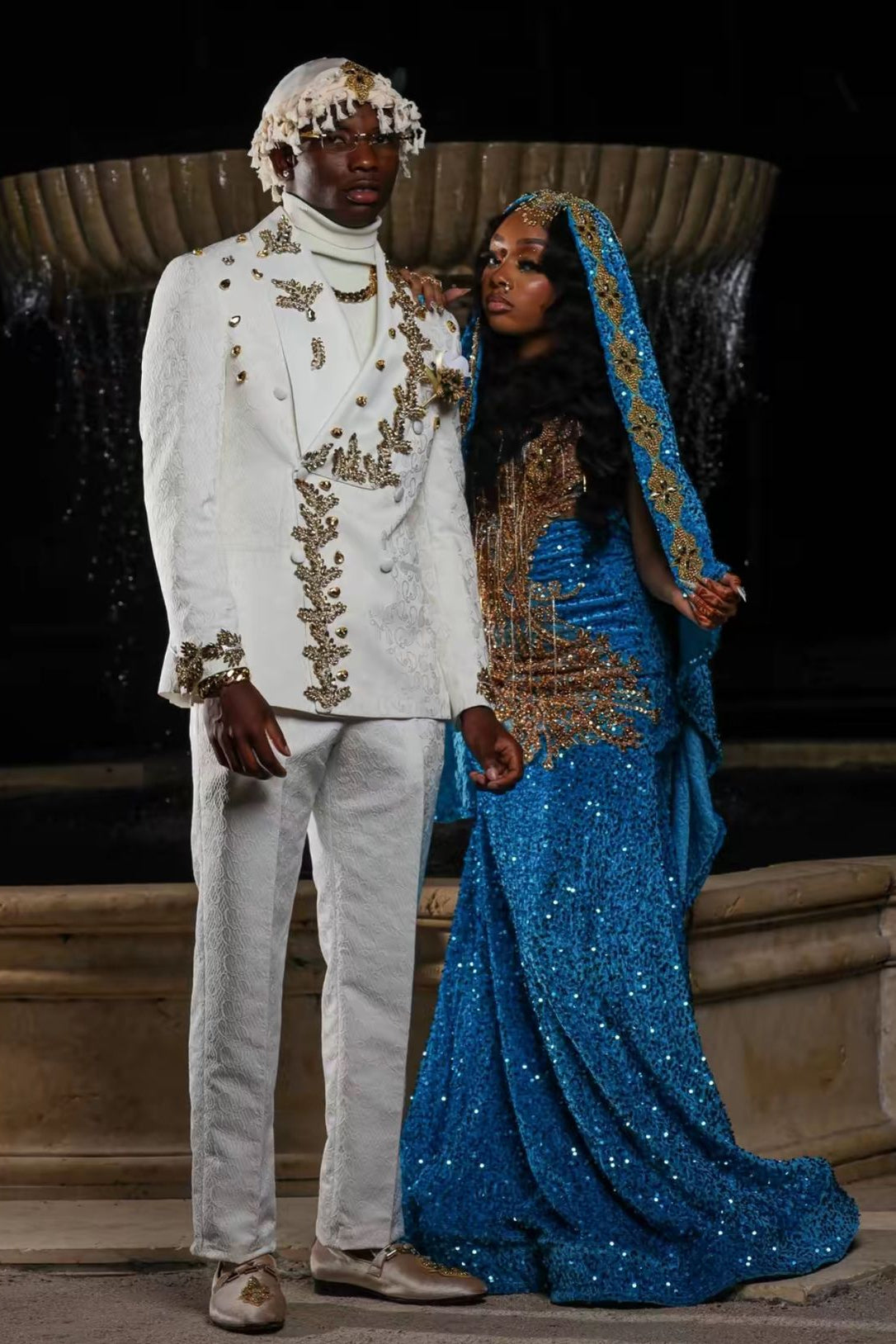 Amazing Long Blue Sequined Sleeveless Mermaid Lace Prom Dress with Veil