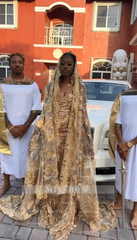 Amazing Long Champagne Mermaid Beaded Prom Dress with Veil
