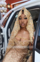 Amazing Long Champagne Mermaid Beaded Prom Dress with Veil