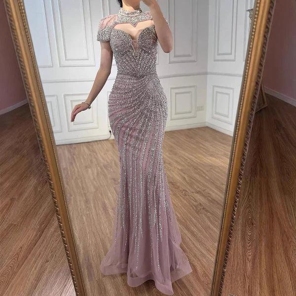 Amazing Long Champagne Mermaid Evening Dress with Beaded High Neck