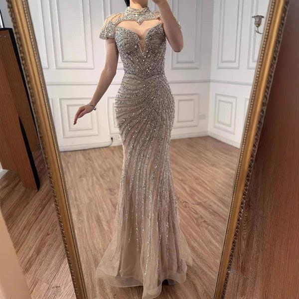 Amazing Long Champagne Mermaid Evening Dress with Beaded High Neck